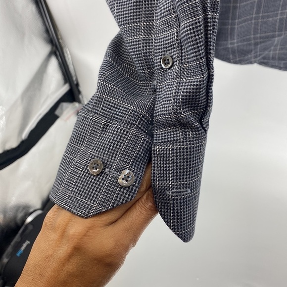 BUGATCHI classic fit side pocket mini plaid black blue button down wedding - Picture 5 of 9